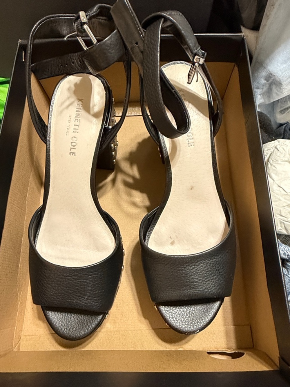 Kenneth Cole New York Black Leather Platform Heels with Ankle Strap